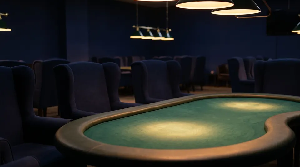 An empty card table with green felt and a padded rail under low lamps, navy wingback chairs around it in a dark room.