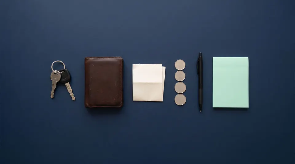 Car keys, a leather wallet, a blank folded receipt, a stack of plain coins, a pen and a mint-green notepad laid out in a row on a navy tabletop.